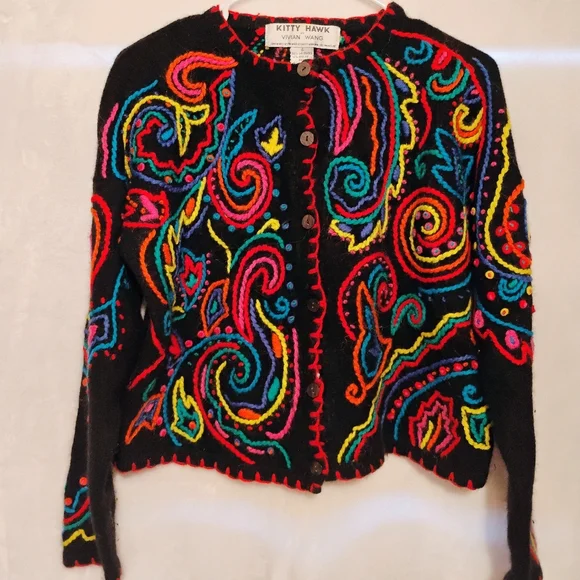 Vtg Kitty Hawk Vivian Wang Small Multicolor Cardigan Sweater Art Bold Angora L - Picture 1 of 7